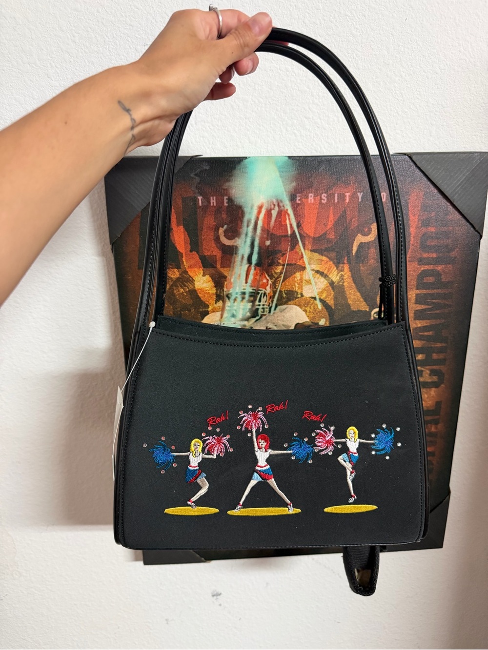 Y2K Style Black Embroidered Shoulder Bag Cheerleader Design